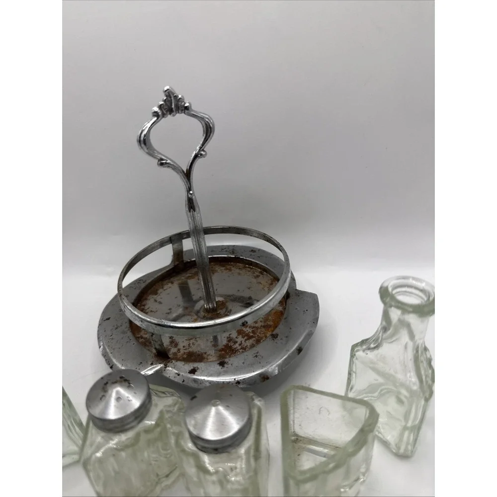 Vintage Cruet Condiment Metal & Glass Set Salt/Pepper, Oil, Sugar With Stand